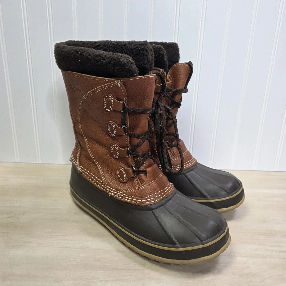 L.L. Bean Original Tumbled Leather Removable Felt Liner Tall Duck Boots Womens 9